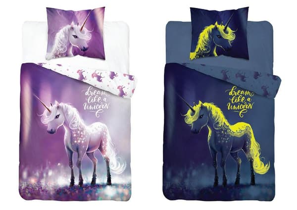 Glow in the dark sängkläder 160x200 Unicorn lila 4638 A Fluo 35