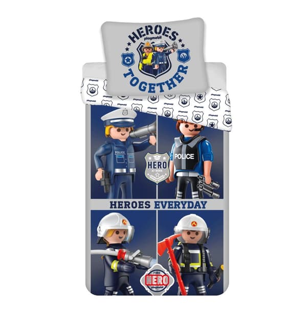 Bomuld sengetøj 140x200 Playmobil PM021 marineblå gråt pudebetræk 70x80 23. august