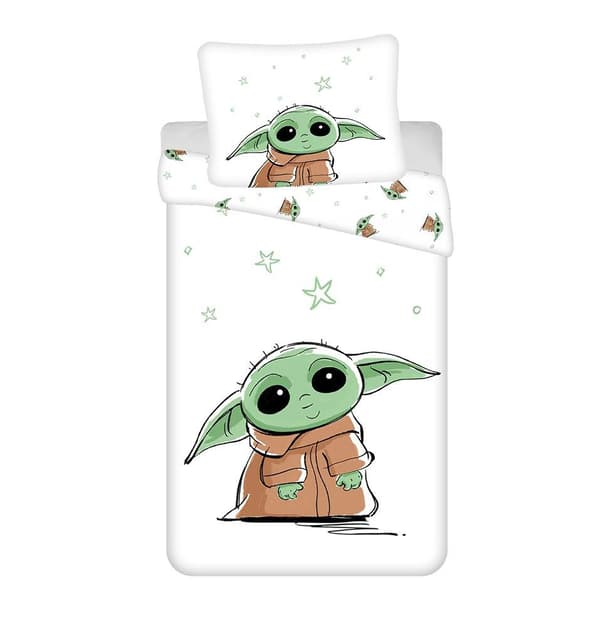 Bomuld sengetøj 140x200 Star Wars Baby Yoda hvid grøn pudebetræk 70x90 23. august