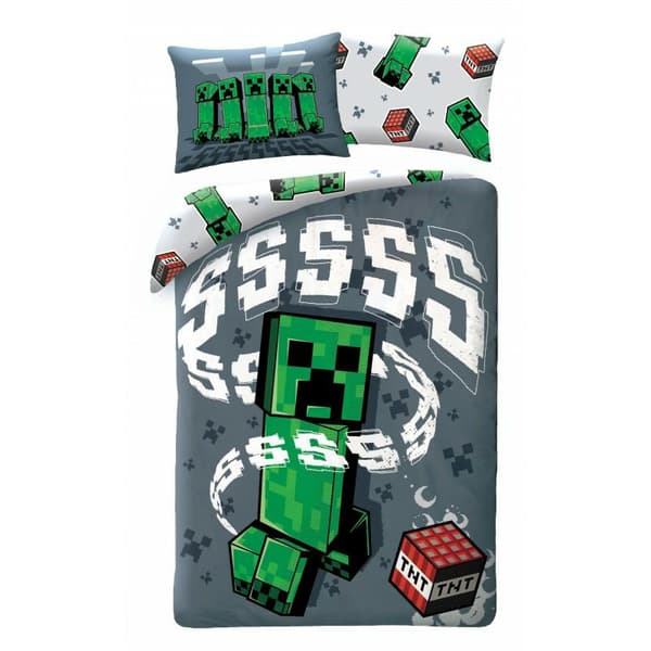 Bomuld sengetøj 140x200 Minecraft spil grå grøn pudebetræk 70x90 1526BL Børn 12 Halantex