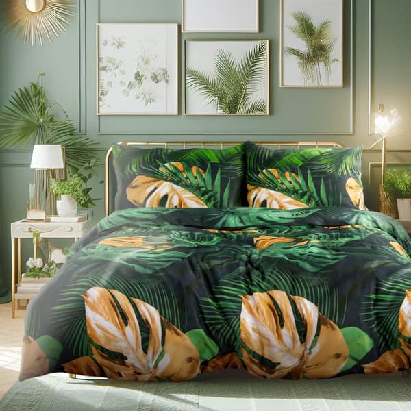 Satin sengetøj 140x200 jungleblade mørkegrøn 1527/1 med 1 pudebetræk 70x80 Satynlove 24
