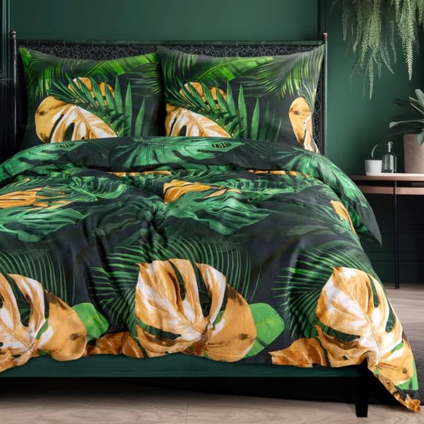 Satiini vuodevaatteet 140x200 viidakon lehdet tummanvihreä 1527/1 1 tyynyliina 70x80 Satynlove 24
