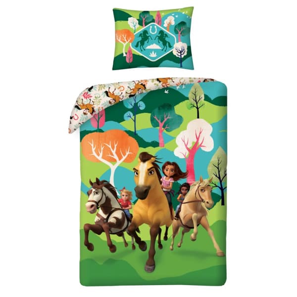 Puuvillaiset vuodevaatteet 140x200 Spirit horses vihreä tyynyliina 70x90 Lapset 12 Halantex