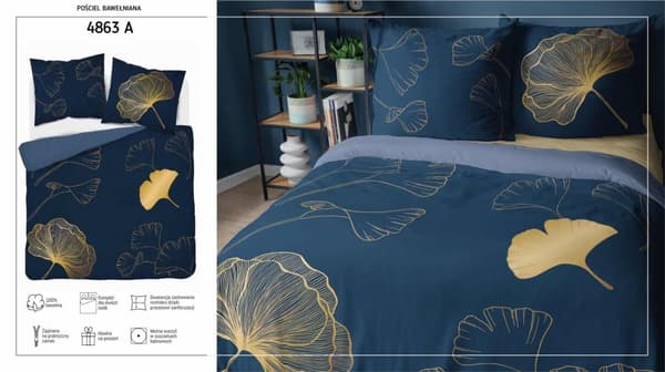Puuvillaiset vuodevaatteet 160x200 laivastonsinistä kultaa ginkgo lehdet 4863 A Holland Home 73