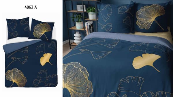 Puuvillaiset vuodevaatteet 160x200 laivastonsinistä kultaa ginkgo lehdet 4863 A Holland Home 73