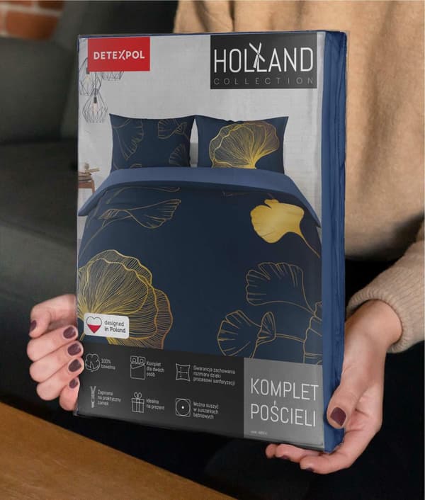 Puuvillaiset vuodevaatteet 160x200 laivastonsinistä kultaa ginkgo lehdet 4863 A Holland Home 73