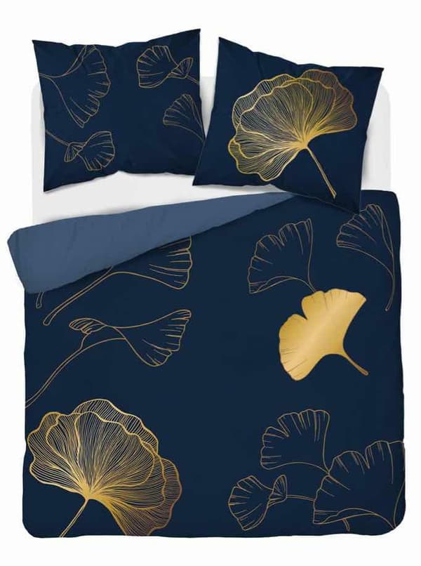 Sängkläder i bomull 160x200 marinblått guld ginkgo blad 4863 A Holland Home 73