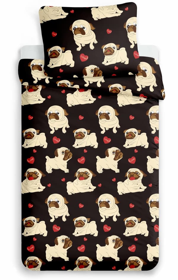 Mikrokuituliina 140x200 Koirat bulldogit musta beige tyynyliina 70x90