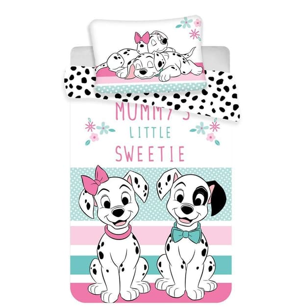 Bomuld sengetøj 100x135 Hunde 3396 hund 101 Dalmatiner hvalp hvid pink mint dobbeltsidet