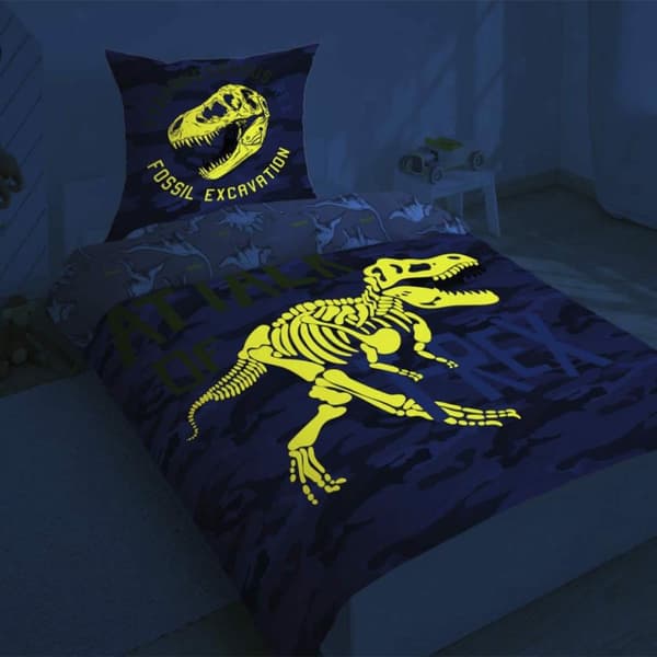 Glow in the dark vuodevaatteet 140x200 Dinosaurs T-Rex luuranko camo harmaa 3042 A 2339