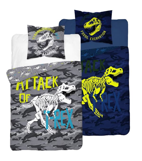 Glow in the dark vuodevaatteet 140x200 Dinosaurs T-Rex luuranko camo harmaa 3042 A 2339