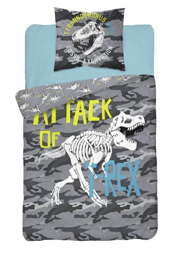 Glow in the dark vuodevaatteet 140x200 Dinosaurs T-Rex luuranko camo harmaa 3042 A 2339