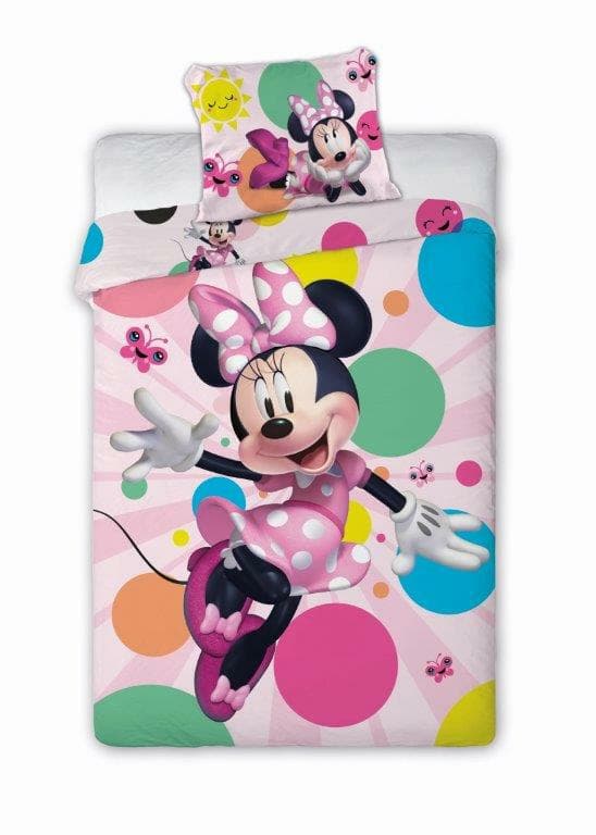 Bomuld sengetøj 140x200 Mini Minnie Mouse sommerfugle farverige cirkler 6769