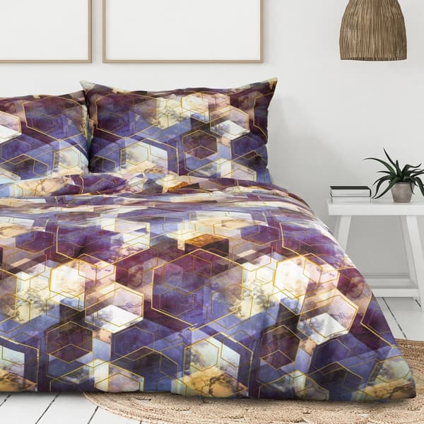 Satin sengetøj 160x200 sekskanter geometrisk lilla sennep i æske Vitrage Nova Print Gave Eurofirany