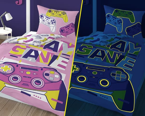 Sengetøj glød i mørket 160x200 3582 B Game Over Pady pink ungdomsbomuld 8569
