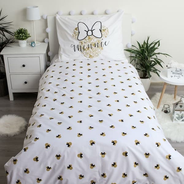 Bomullssängkläder 140x200 Minnie Gold Mini Mouse 8339 bågar örngott 70x90 vit beige