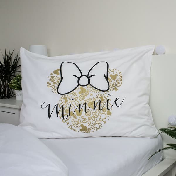 Bomullssängkläder 140x200 Minnie Gold Mini Mouse 8339 bågar örngott 70x90 vit beige