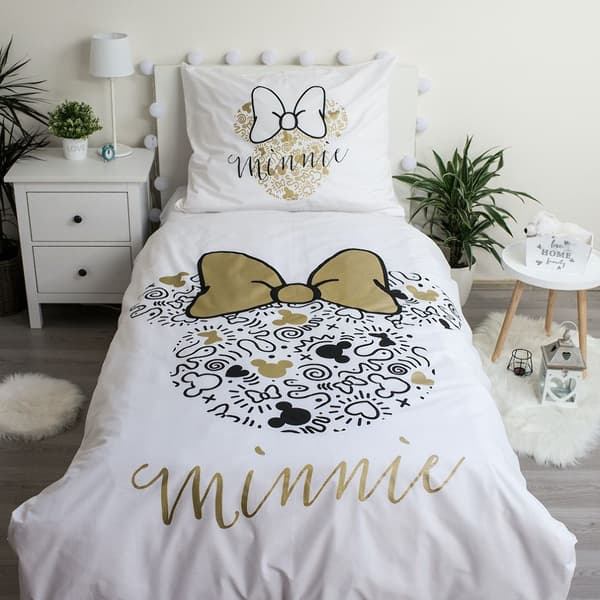 Bomullssängkläder 140x200 Minnie Gold Mini Mouse 8339 bågar örngott 70x90 vit beige