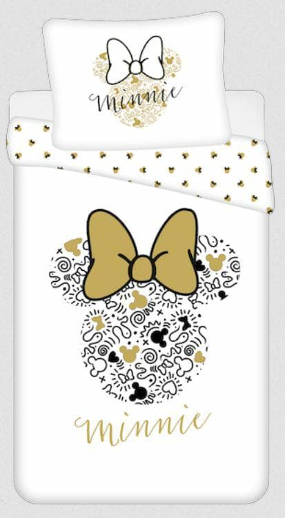 Bomuld sengetøj 140x200 Minnie Gold Mini Mouse 8339 sløjfer pudebetræk 70x90 hvid beige