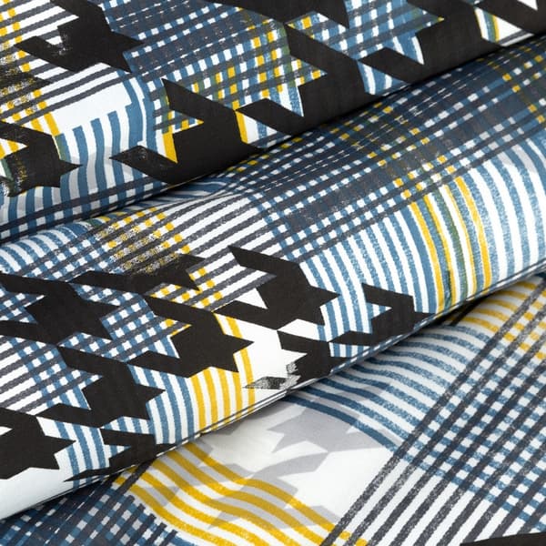 Satin sengetøj 220x200 Mandy ternet blå gul sort i æske houndstooth Eurofirany