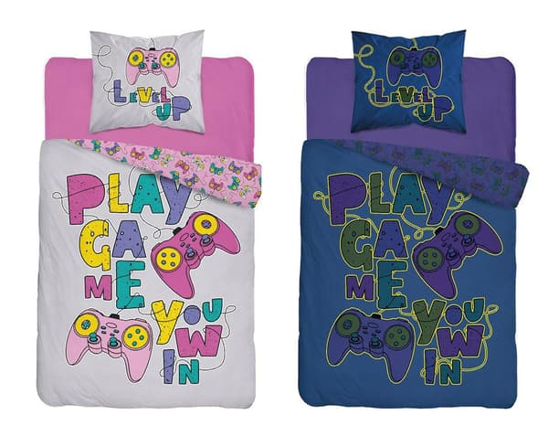 Glow in the dark sengetøj 160x200 3585 B Game Over grå pink 8620 level up puder bomuld til ungdoms gamer