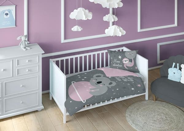 Sängkläder i bomull 100x135 Nalle 3620 B grå rosa barnstjärnor Barn 1