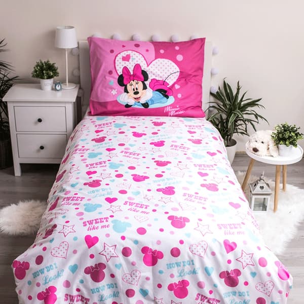 Barnsängkläder 140x200 Mini Minnie Mouse 9503 rosa amarant med prickiga örngott 70x90