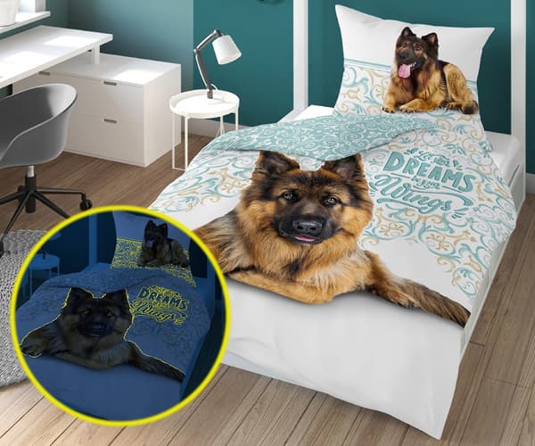 Sengetøj glød i mørket 140x200 Schæferhund 4023 A bomuld Fluo 133