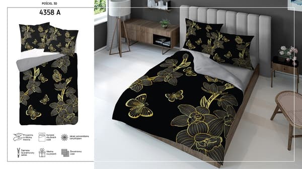 3D mikrofiber sengetøj 160x200 blomster sort guld 4358 A micro 28