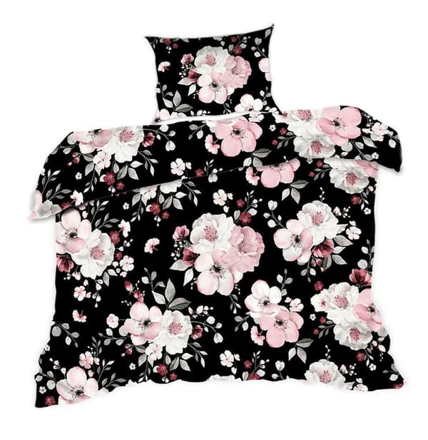 Sängkläder i bomull 140x200 blommor svart rosa 1476N Classic
