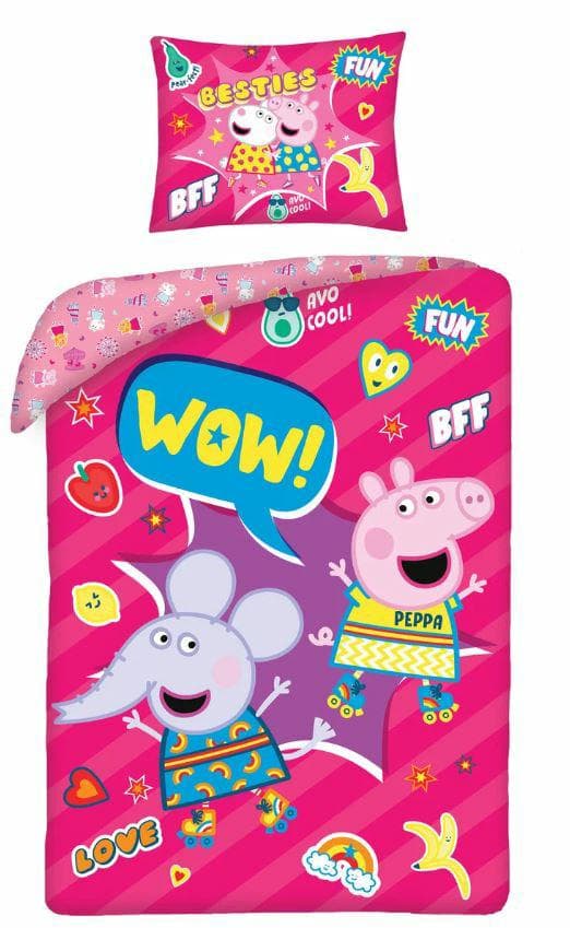 Bomuld sengetøj 140x200 Peppa Pig pink PE-3261BL pudebetræk 70x90 + Halantex bomuldspose