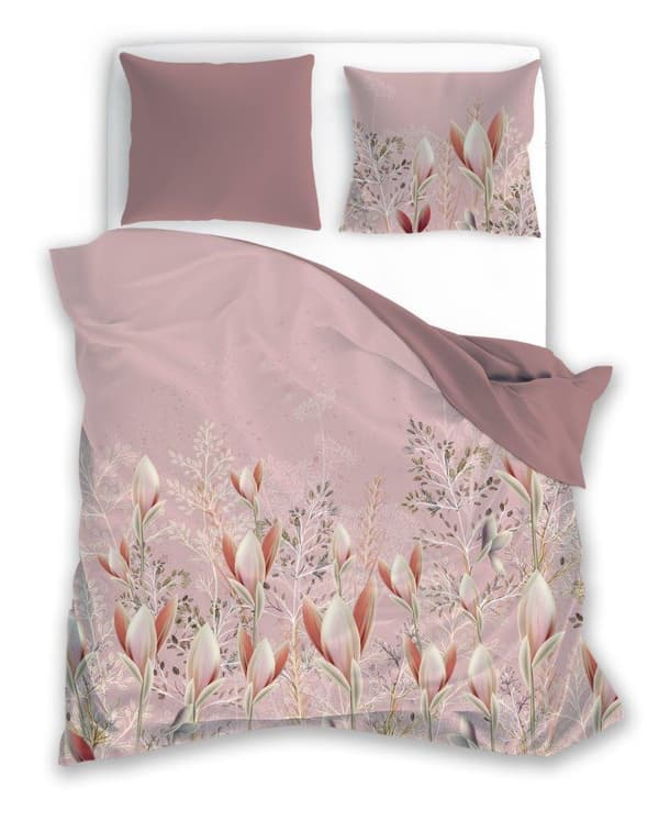 Satin sängkläder 220x200 Elegant 024 puderrosa blommor dubbelsidig S 23 Faro