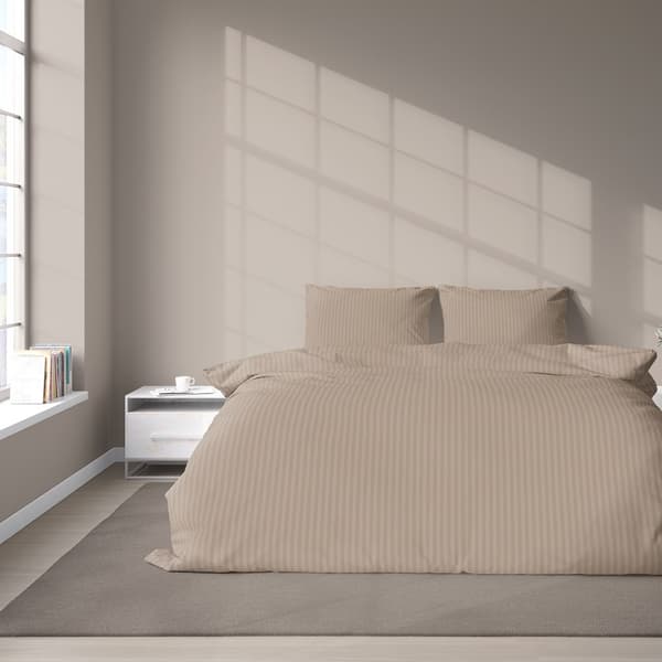 Damaskin vuodevaatteet 160x200 taupe tummanbeige yksiväriset raidat 1 cm Pure