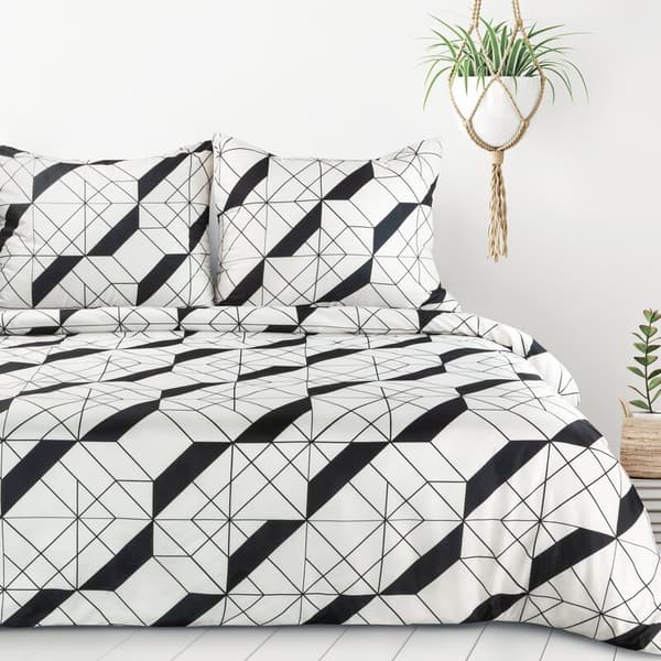 Mikrokuituvuodevaatteet 160x200 Geo 1 valkoinen musta geometrinen D91 A