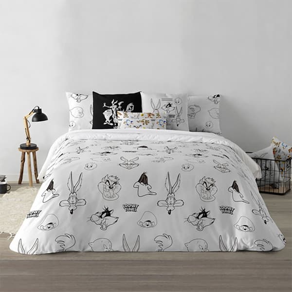 Play Fabrics Dynetæppe Med Knapper Looney B&w Til 180 Seng 260x240 Cm