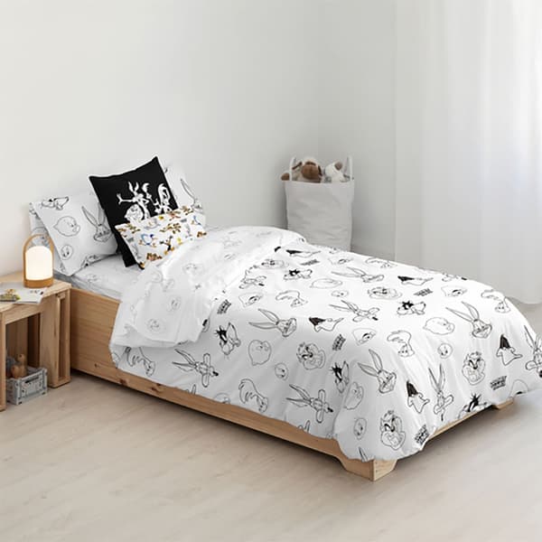 Play Fabrics Dynetæppe Med Knapper Looney B&w Til 180 Seng 260x240 Cm