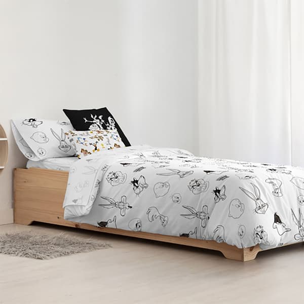 Play Fabrics Dynetæppe Med Knapper Looney B&w Til 180 Seng 260x240 Cm