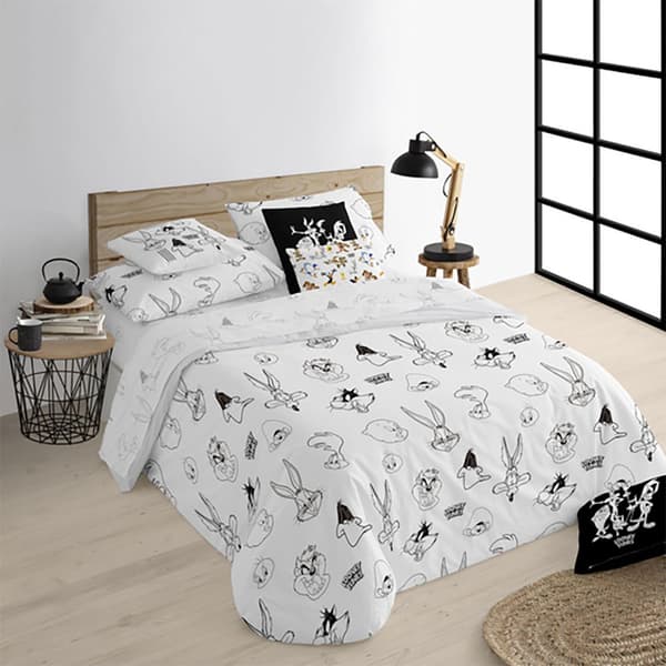 Play Fabrics Dynetæppe Med Knapper Looney B&w Til 180 Seng 260x240 Cm