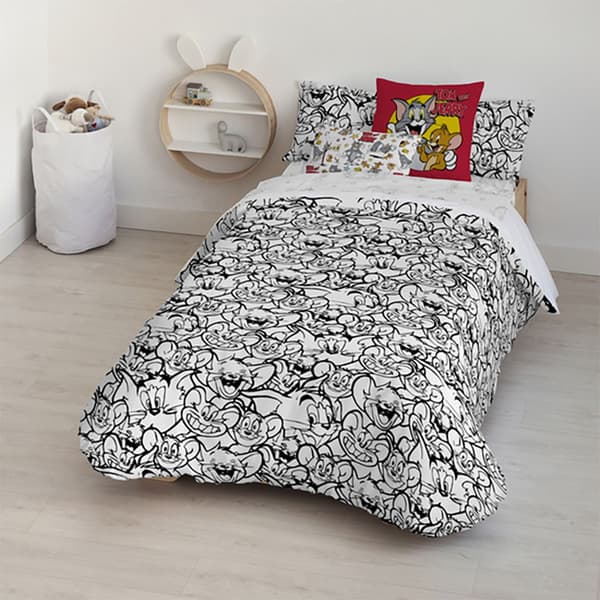 Play Fabrics Dynetæppe Med Knapper Tom & Jerry Sort Og Hvid Til Seng 135/ 140x240 Cm
