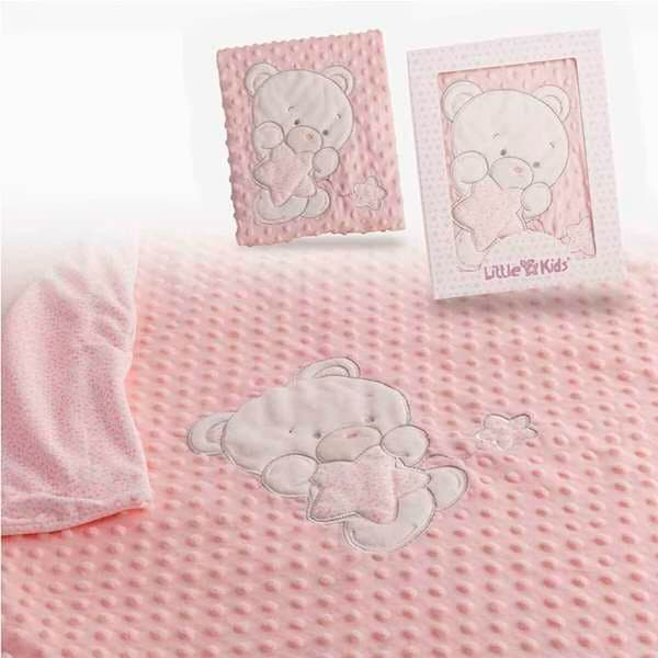 Bigbuy Fun Baby Dobbelt Broderet Bjørn Tæppe 100x75 Cm Rosa
