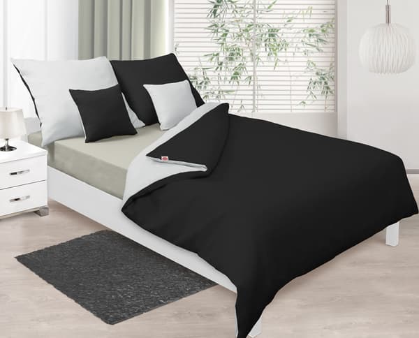 Satin dobbeltsidet sengetøj 140x200 + 70x80 hvid/sort MATEX