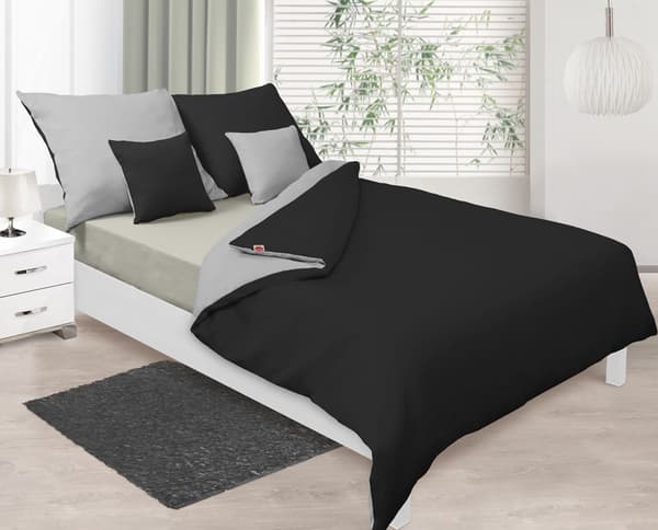 Satin dobbeltsidet sengetøj 140x200 + 70x80 grå/sort MATEX