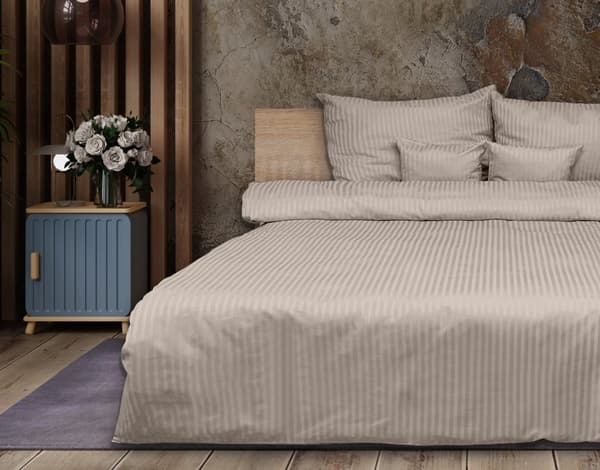 Beige Damask sengetøj, 1 cm striber, 160x200 +2x70x80 MATEX
