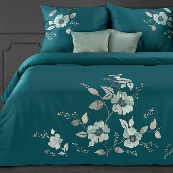 Broderade sängkläder HAFT6 160x200 Eurofirany blommor turkos mynta