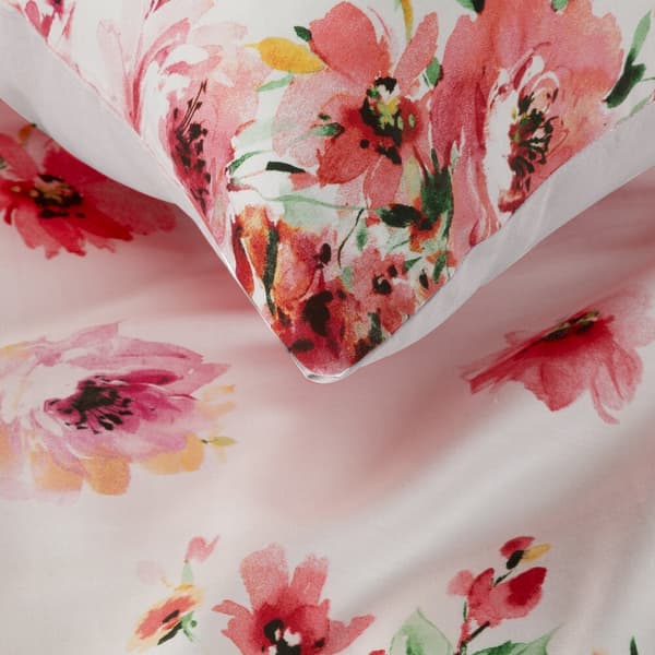 Satin sengetøj FORÅR 200x220 Eurofirany hvide røde lyserøde blomster valmuer