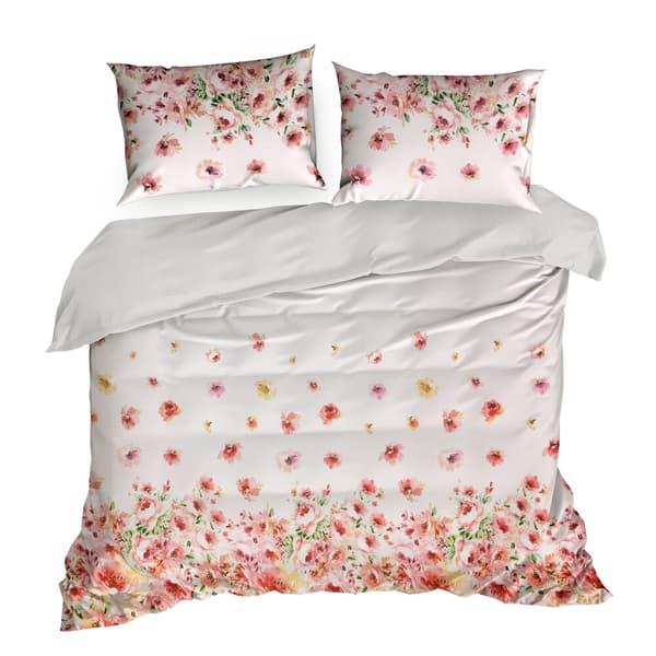 Satin sengetøj FORÅR 200x220 Eurofirany hvide røde lyserøde blomster valmuer