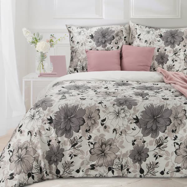 Satin sengetøj FORÅR 160x200 Eurofirany hvid grafit beige sorte blomster