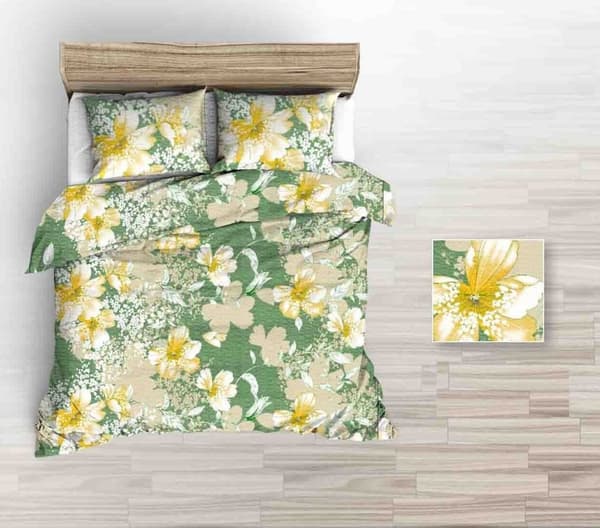 Sengesæt 160x200 grønne store gule beige tegnede blomster