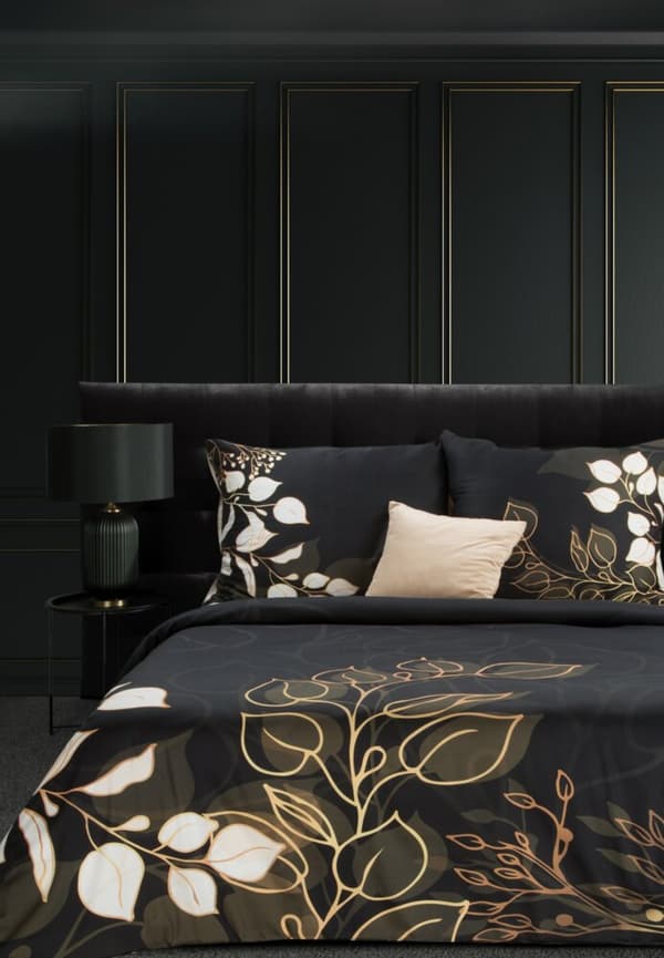 VICTORIA7 160x200 Eurofirany makosatin sängkläder set svart guld blad kvistar