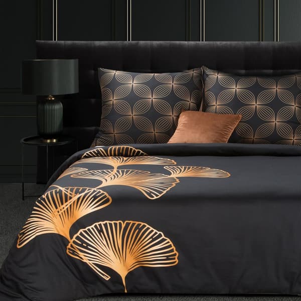VICTORIA10 160x200 Eurofirany makosatin sängkläder set svart guld ginkgo blad